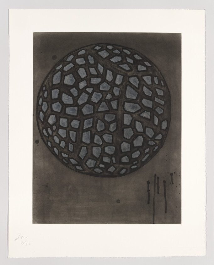 A grayscale artwork depicting a spherical object with a pattern of interlocking hexagons, centered on a shaded background with a few scattered ink marks. The image includes a signature and edition number in the lower left corner.