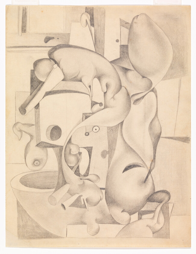 Abstract pencil drawing of twisting organic shapes and geometric boxes arranged in a vertical composition.