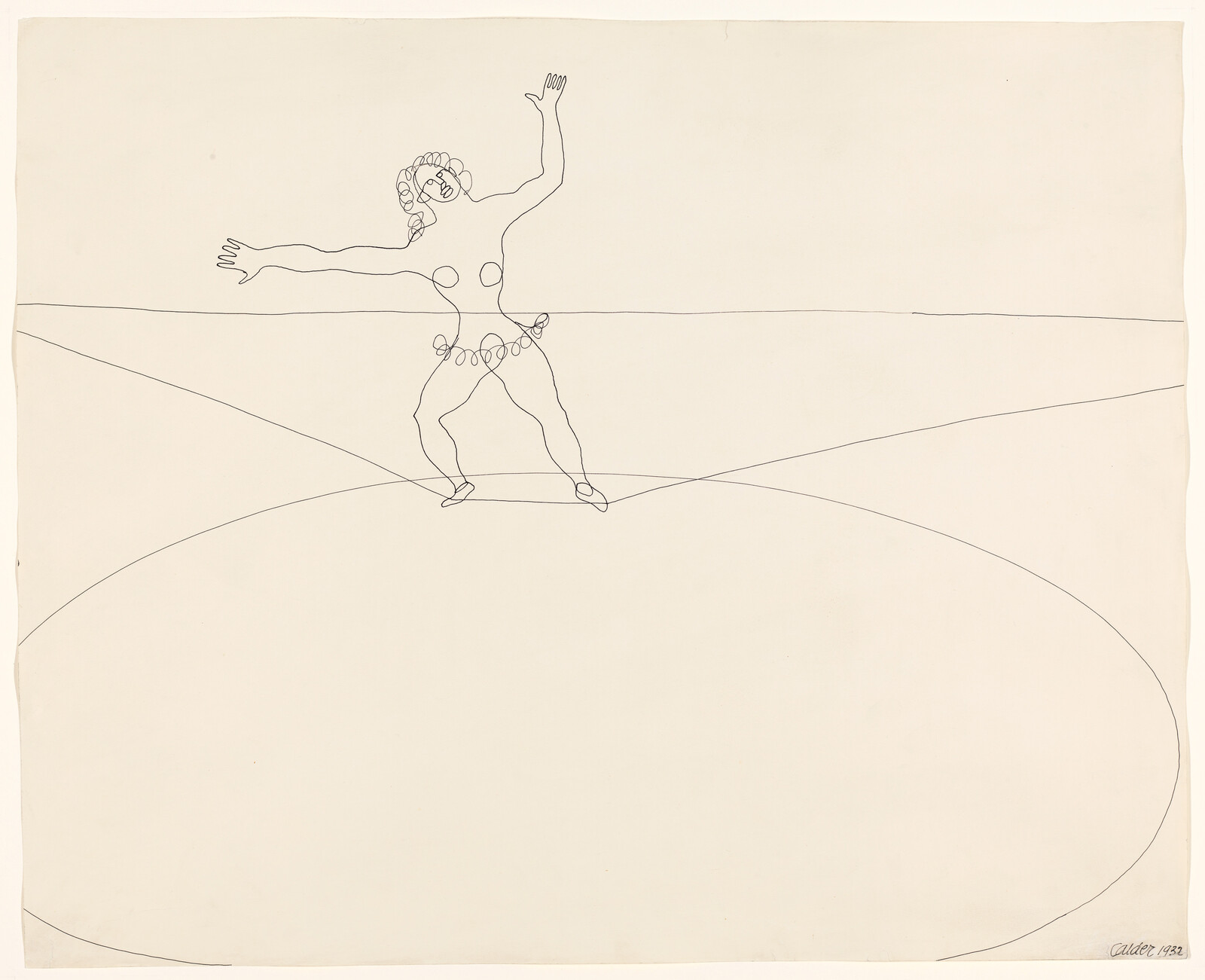 A simple line drawing shows a person with arms raised, standing inside a large circle on the ground.