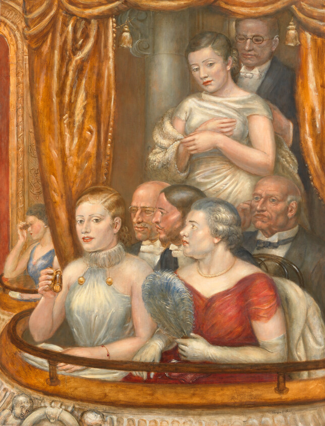 Well-dressed audience members in a theater box watch the performance, some holding a fan and opera glasses.