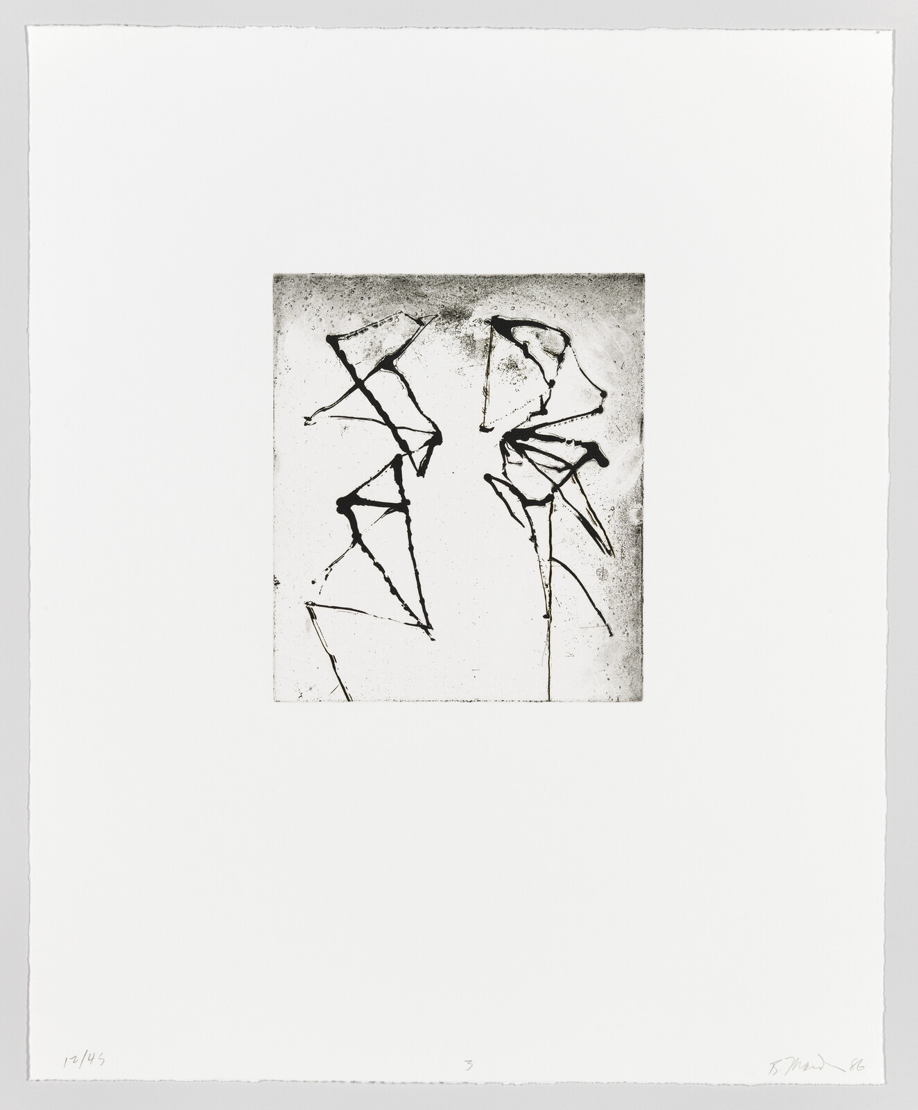 Two tall angular black ink sketches with thin connecting lines centered on a white sheet.