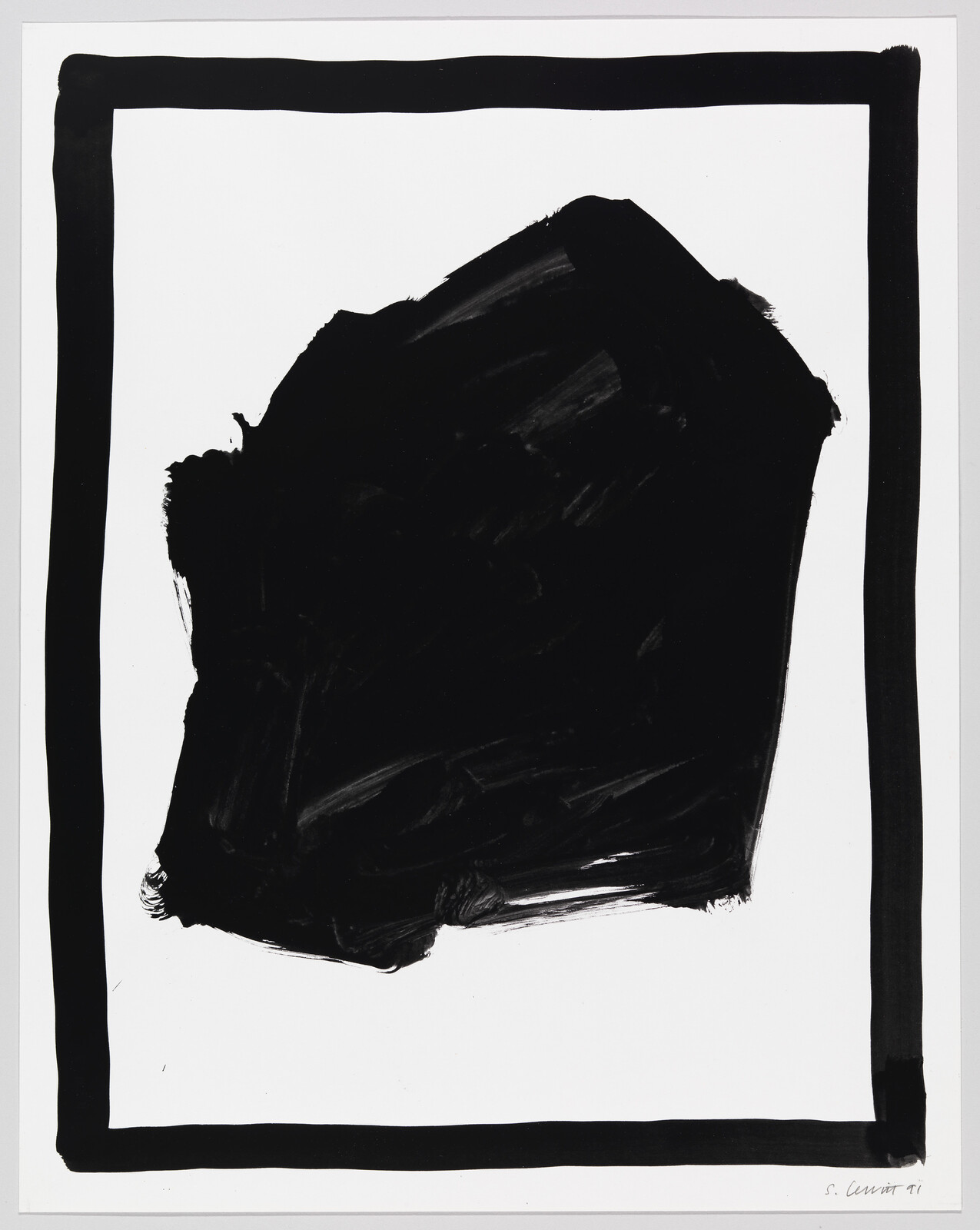 A large irregular black brushstroke sits inside a thick hand-painted black rectangular border on white.