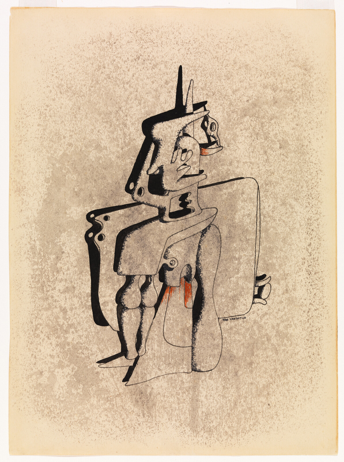 Abstract mechanical humanoid figure with layered shapes and small red accents on a textured background.