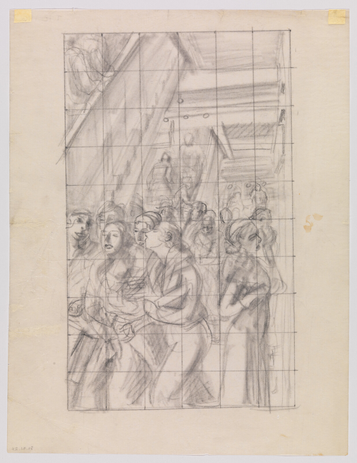 A pencil sketch shows a crowded group of people in a narrow interior with grid markings.