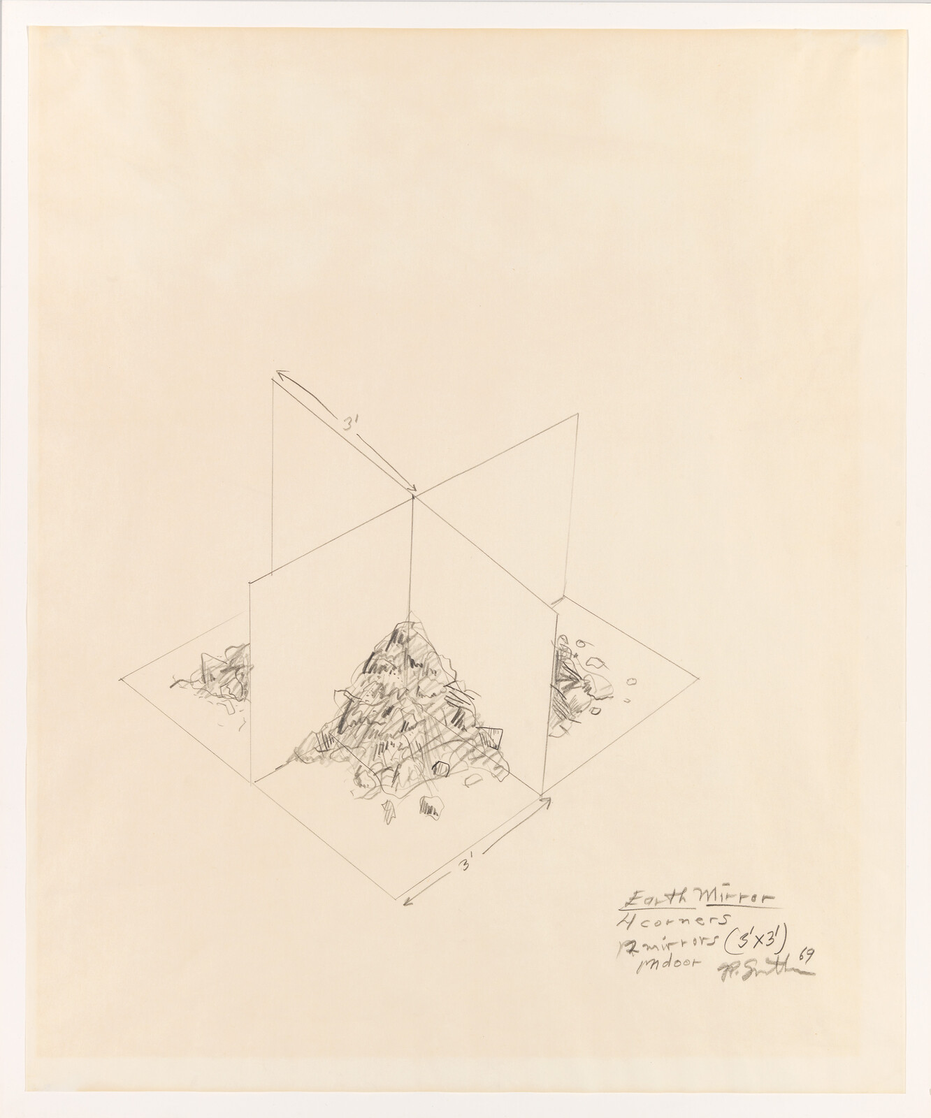 Sketch of a pile of rocks reflected by four angled mirror panels forming a square enclosure.