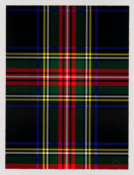 Bold tartan plaid with intersecting red, green, black, yellow, blue, and white stripes.