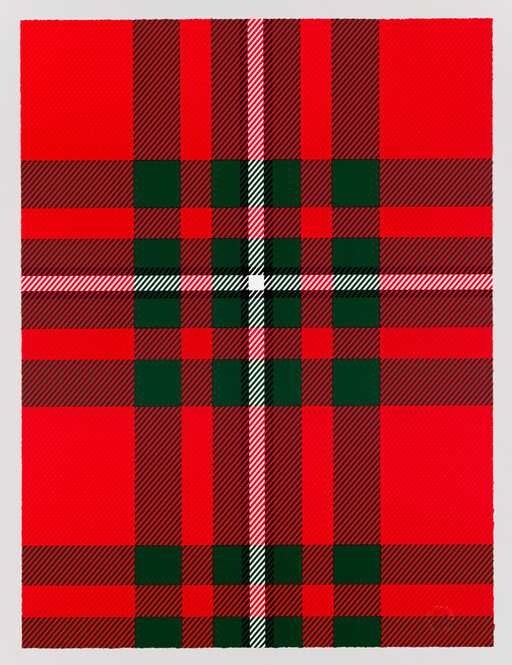 Red and green tartan plaid pattern with white and black accent stripes forming a centered cross.
