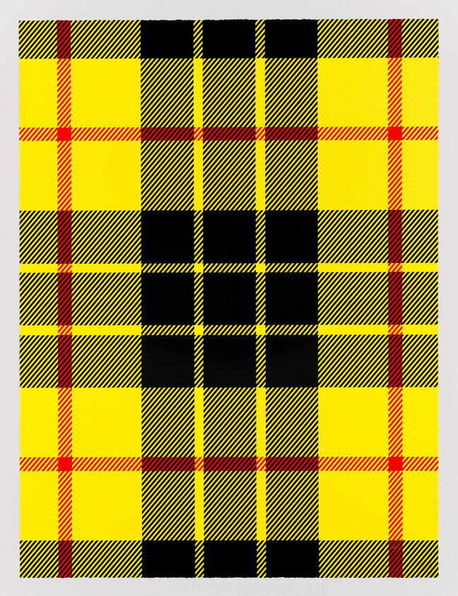 Yellow plaid fabric with a central black checker pattern and thin red accent stripes.