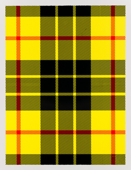 Yellow plaid fabric with a central black checker pattern and thin red accent stripes.