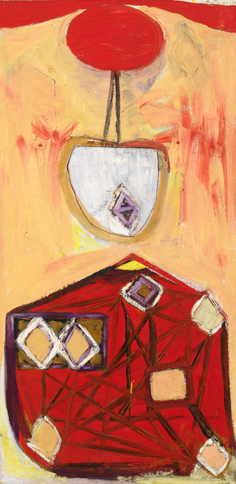 Large red geometric shape with crisscrossing lines sits below a white shield and red circle.