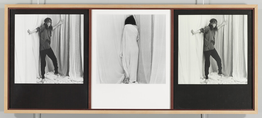 Three black-and-white panels show a person manipulating curtains, including one wrapped and facing away.