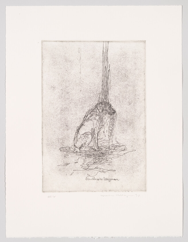 A sketch of a hunched figure beneath a long drip, pooling liquid at the base.