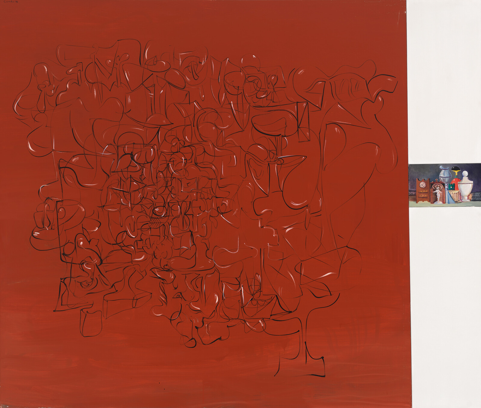 Large red abstract painting with black swirling lines and a small still-life panel on the right.