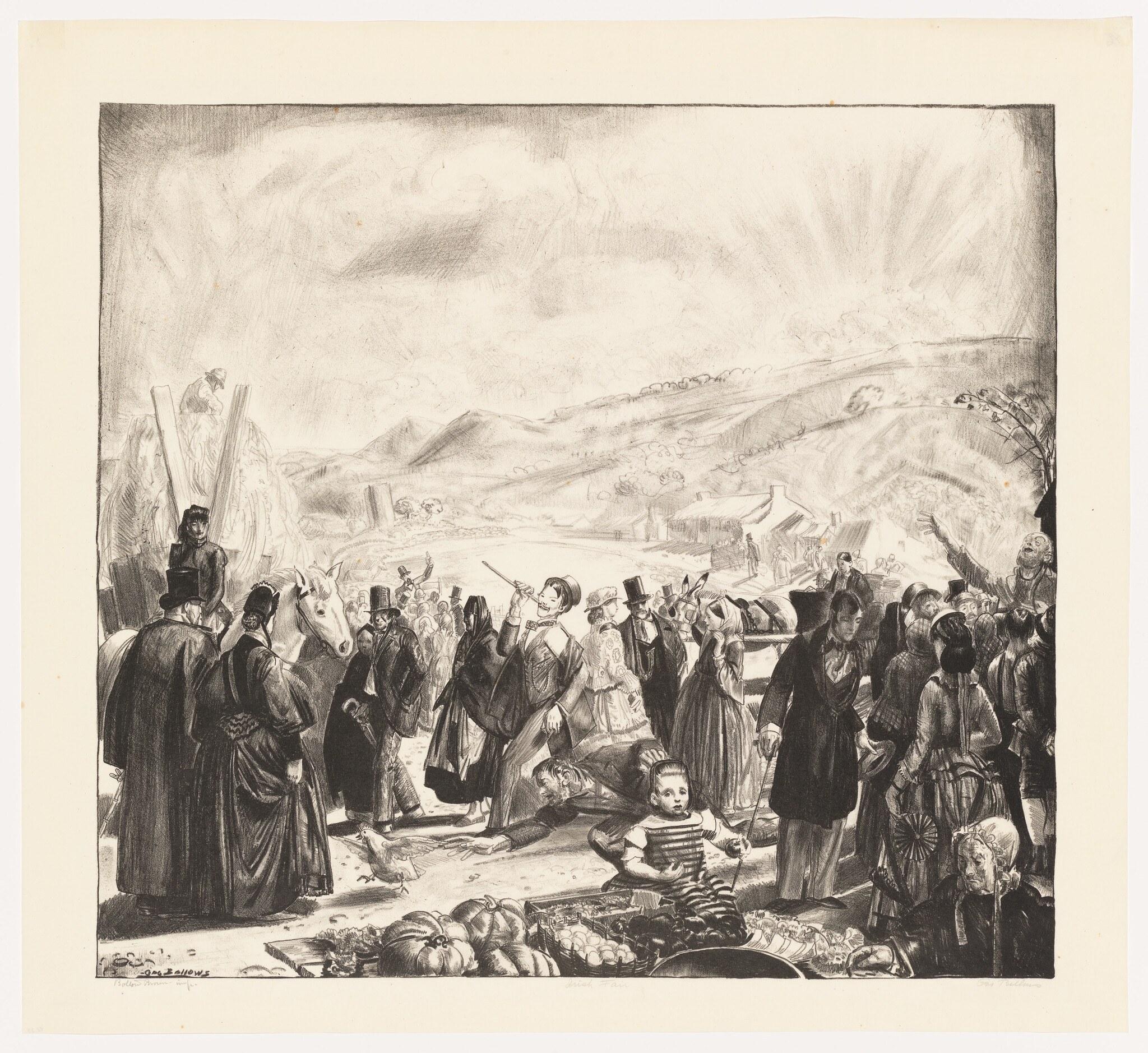 Crowd of villagers at a busy rural market with a woman playing a flute and children.