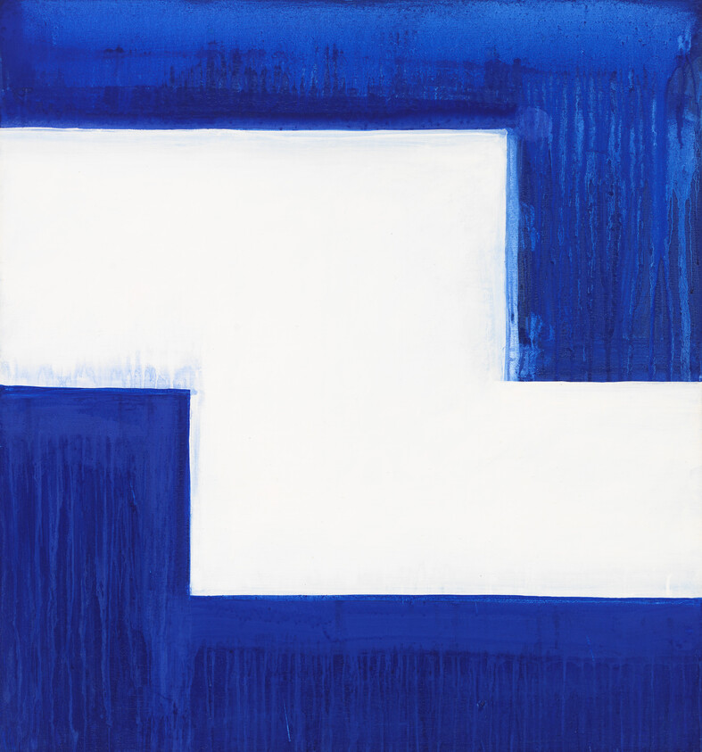 Large white shape with thick blue borders on the top, left, and bottom sides, forming a geometric pattern.