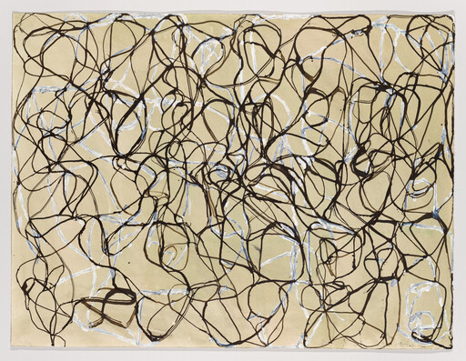 Chaotic looping black and white lines crisscross across a beige background.