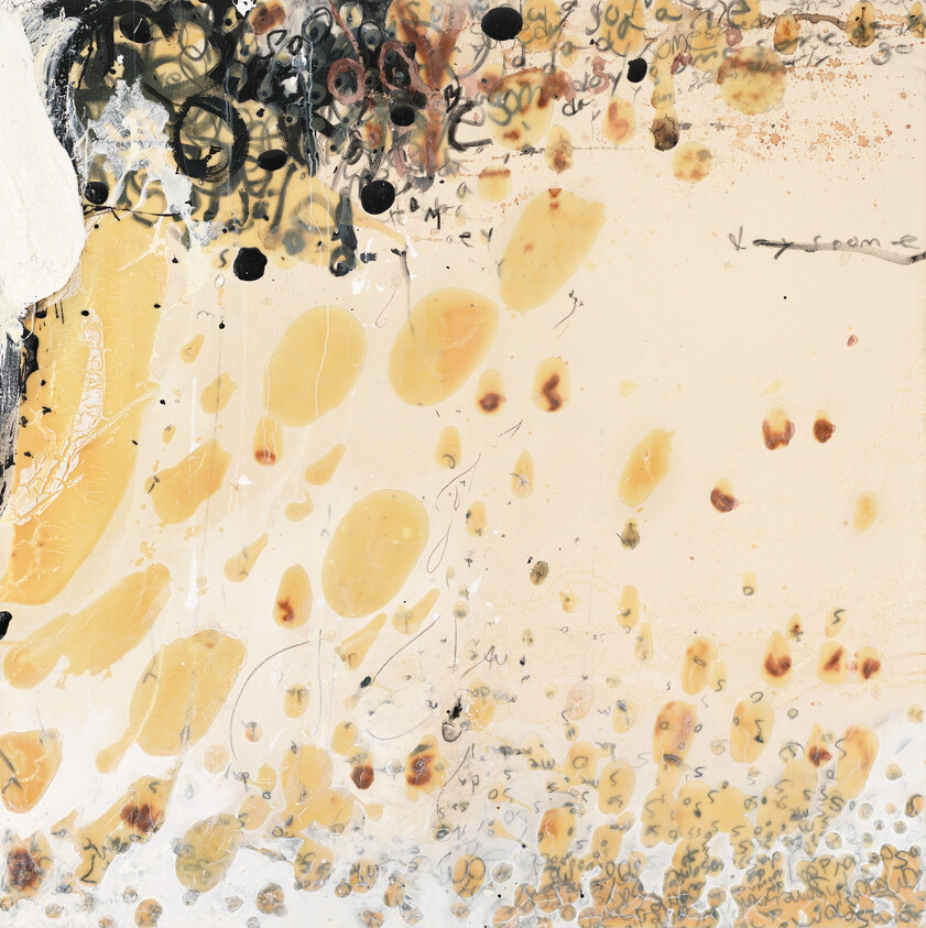 Abstract cream canvas with scattered yellow-orange blotches and dark scribbles concentrated in the upper left.