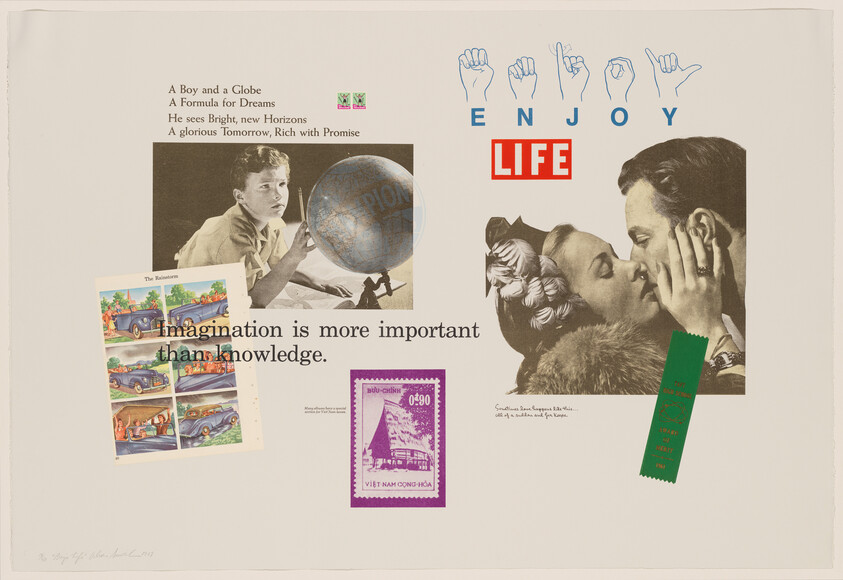 Collage with a boy looking at a globe, a couple embracing, text "ENJOY LIFE," and a quote about imagination over knowledge.