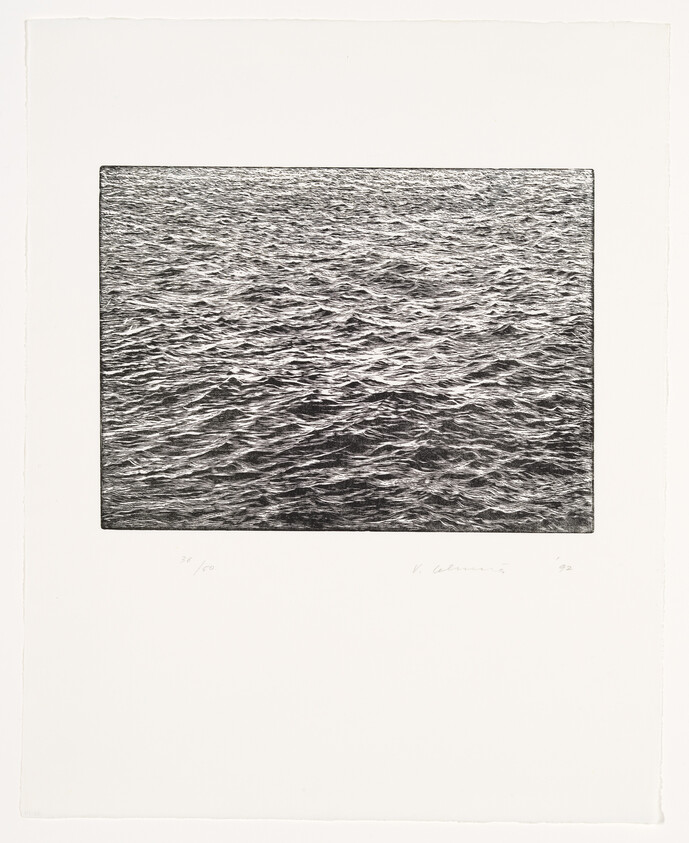 A black-and-white etching showing rippling ocean waves framed on white paper.