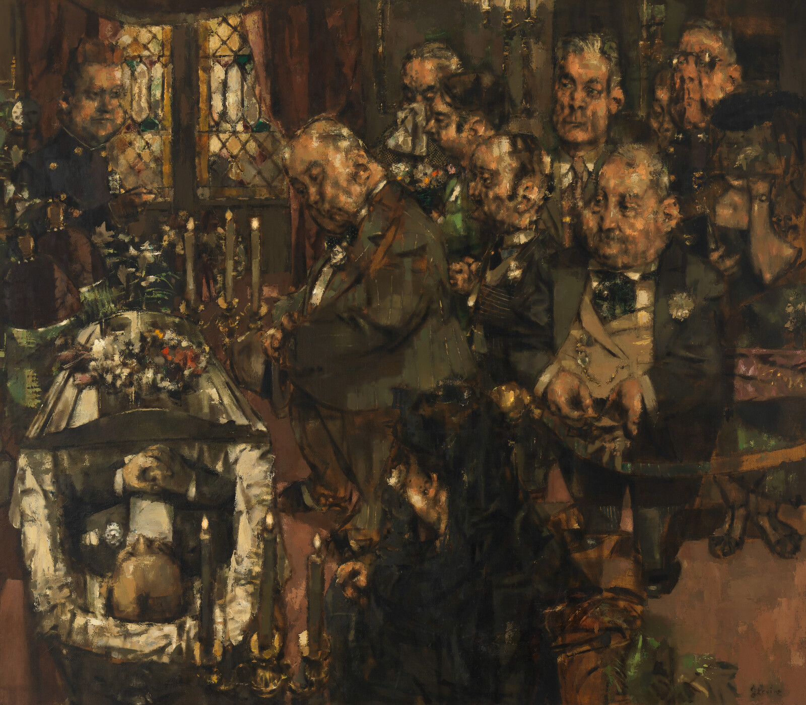 An oil painting depicting a group of solemnly dressed men in a dark, moody room, possibly from the early 20th century. The men, adorned with medals and formal attire, are gathered around a table with a glass dome containing what appears to be a floral arrangement. The atmosphere is somber, with heavy brushstrokes and a muted color palette, suggesting a scene of remembrance or mourning. The stained glass window in the background adds to the historical and possibly religious context of the scene.