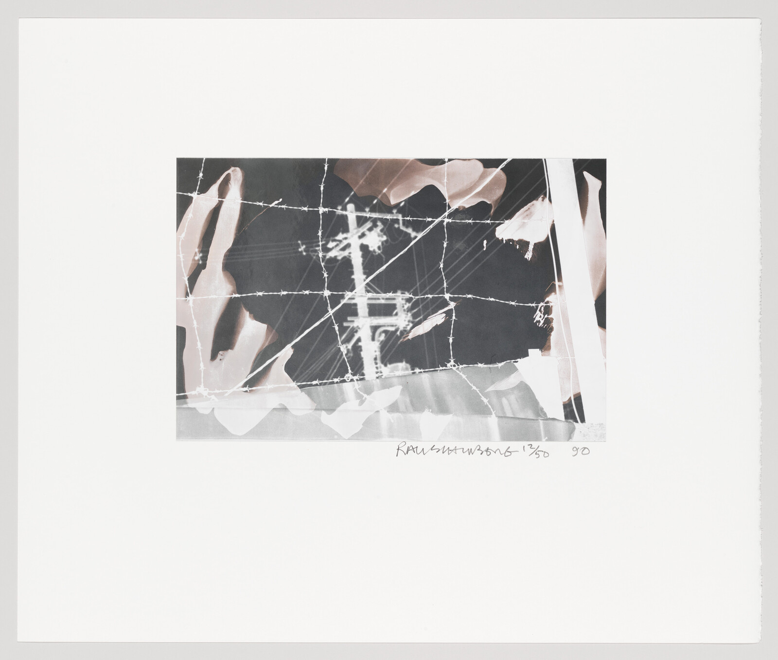 Barbed wire crosses over an abstract print showing a silhouetted utility pole and torn shapes.