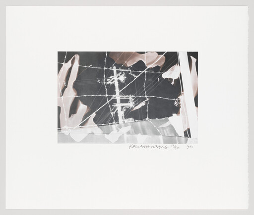 Barbed wire crosses over an abstract print showing a silhouetted utility pole and torn shapes.