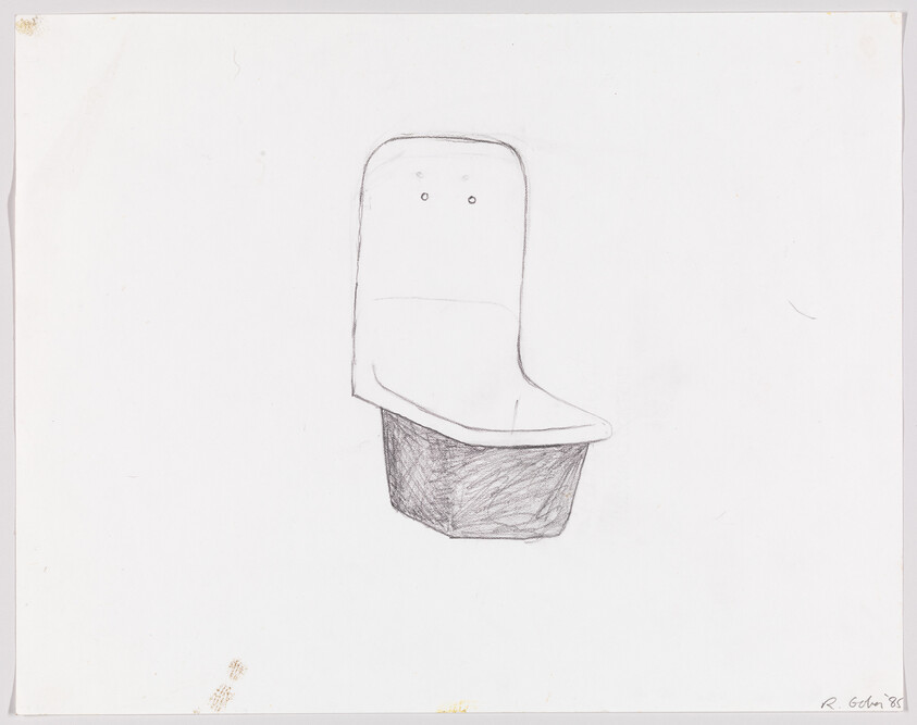 A simple pencil sketch of a molded chair with a shaded base on blank paper.