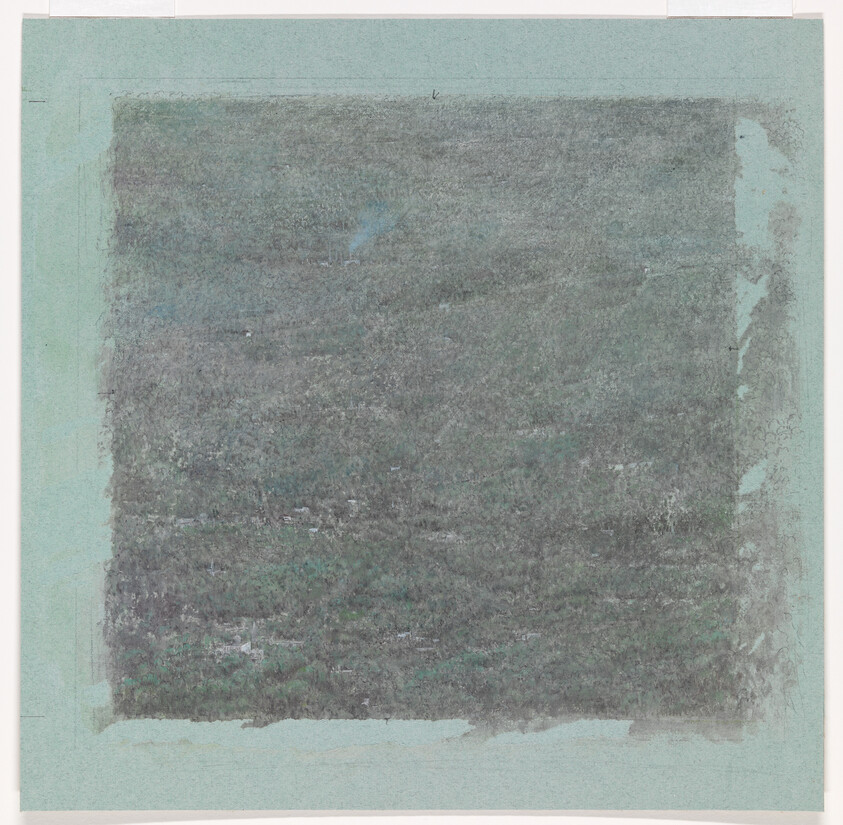 A faded gray-green textured square fills the center of a pale teal paper background.
