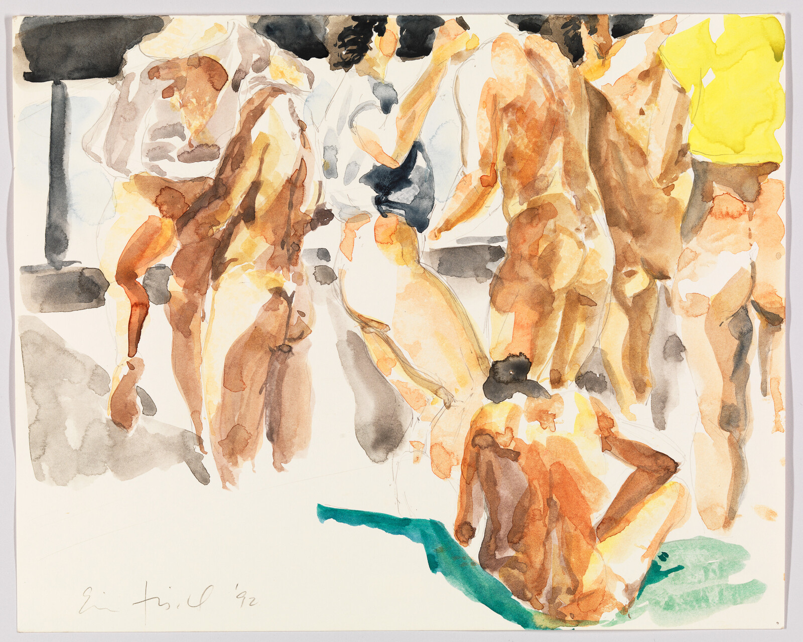 A group of nude figures stands and sits closely together in a loose watercolor.