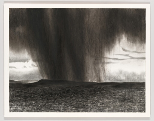 A massive dark storm cloud or curtain of rain descends over a flat, empty plain.