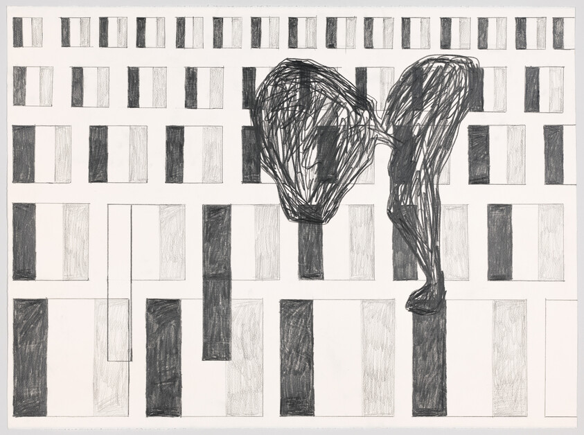 Two large scribbled forms rise above a grid of alternating dark and light rectangles.