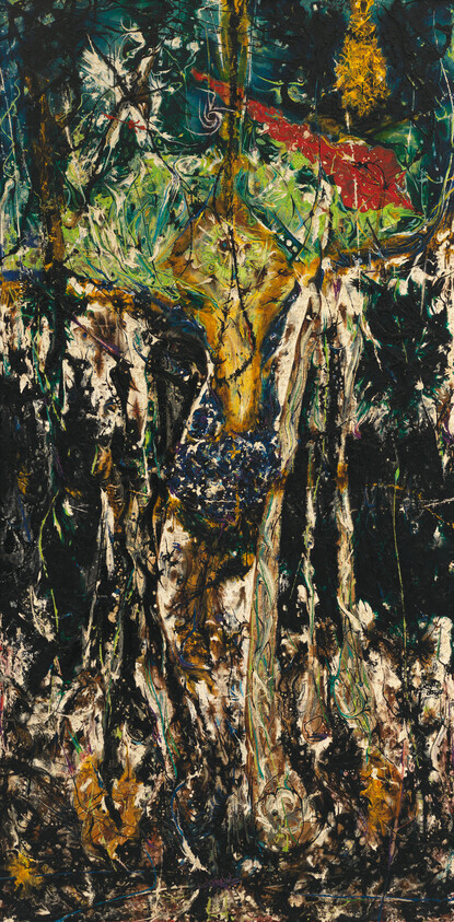 Abstract painting showing a vertical, tree-like green and yellow form with dripping textures and dark background.