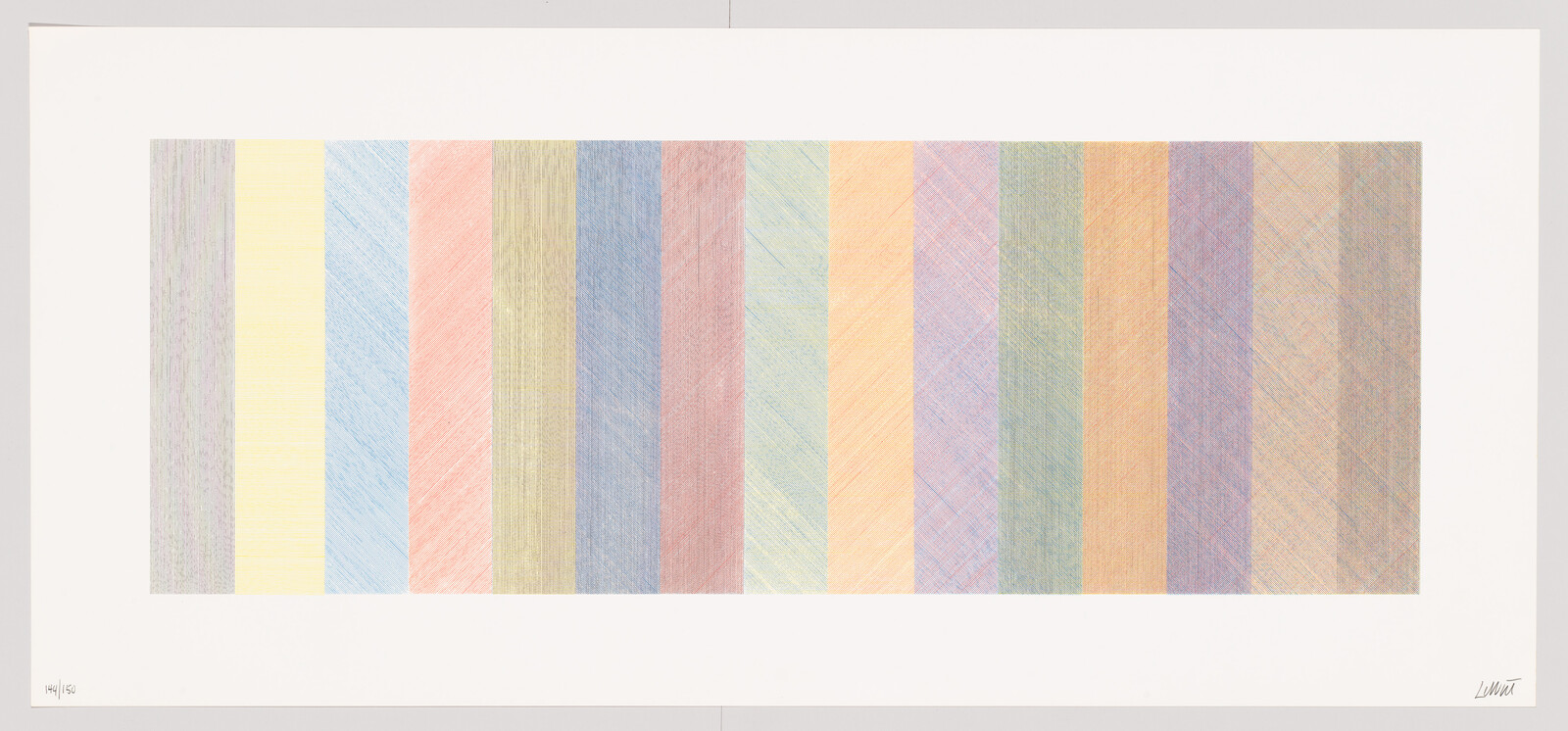 A rectangular print featuring evenly spaced vertical pastel-colored stripes across a white background.