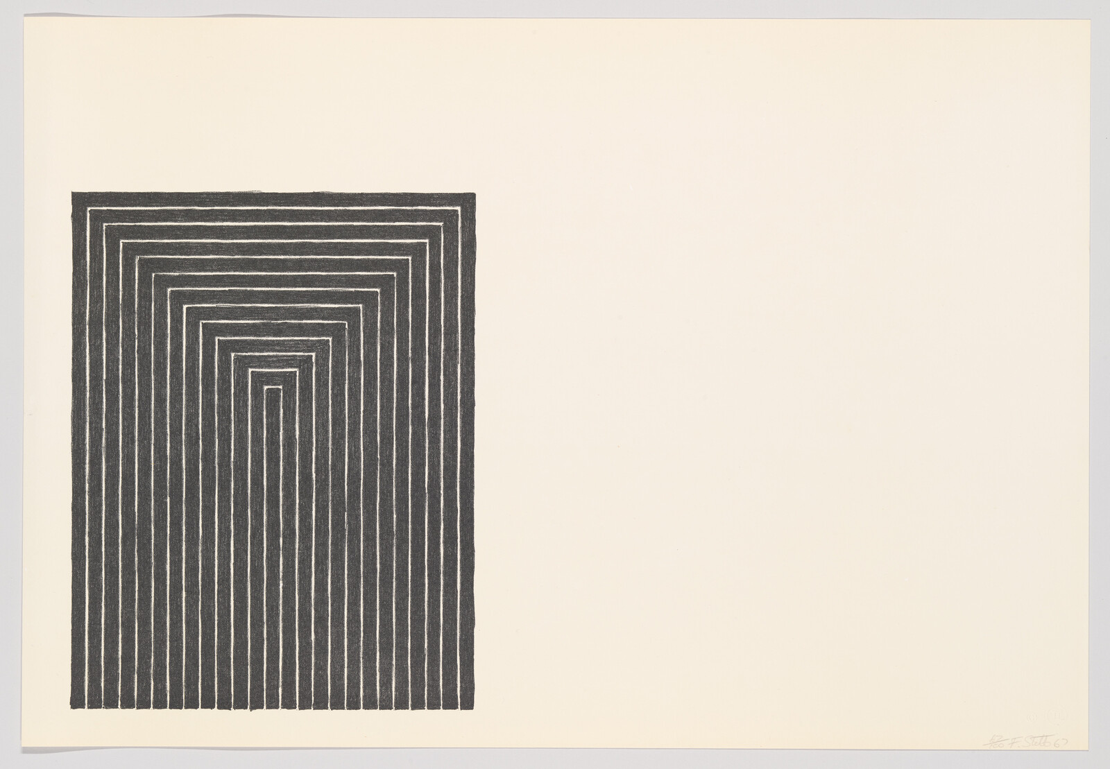 Stacked black rectangular lines form a nested doorway-like pattern on the left of a blank cream page.