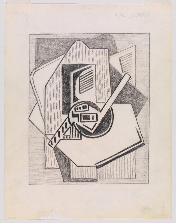 Abstract arrangement of overlapping geometric shapes and patterns with a central circular motif and diagonal bar.