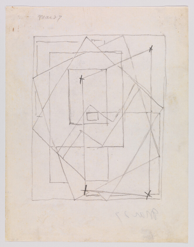 Pencil sketch of nested rectangles connected by diagonal lines with three small X marks.