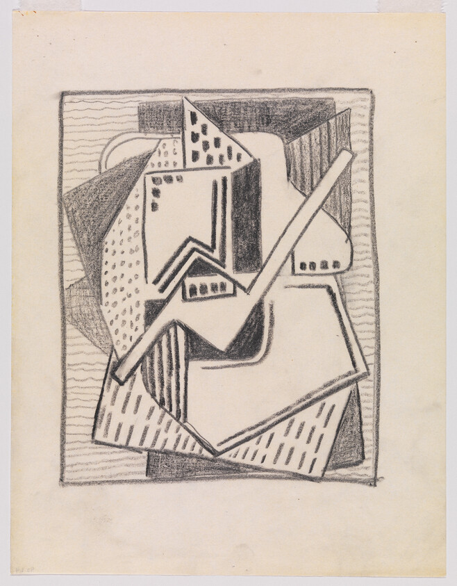 Abstract pencil drawing of overlapping geometric shapes with a prominent diagonal bar and textured shading.