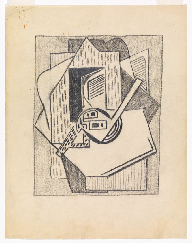 Cubist still life showing a mandolin-like instrument and layered papers and shapes on a table.