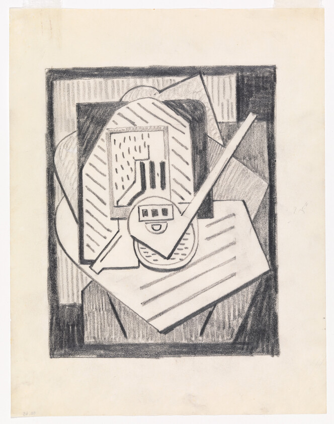 Abstract charcoal drawing of overlapping geometric shapes and a circular object with a diagonal rod.