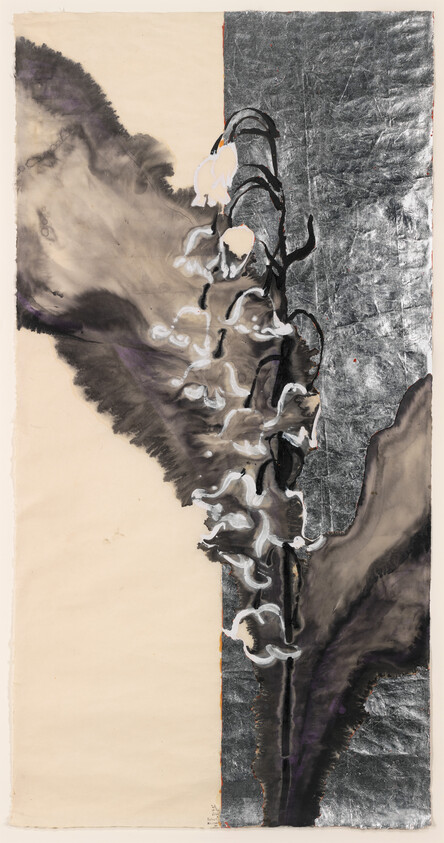 Abstract vertical painting with swirling black-and-white forms against textured silver and beige panels.