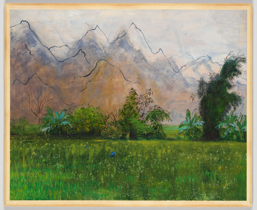 Lush green meadow with scattered tropical plants and two blue birds beneath distant misty mountains.