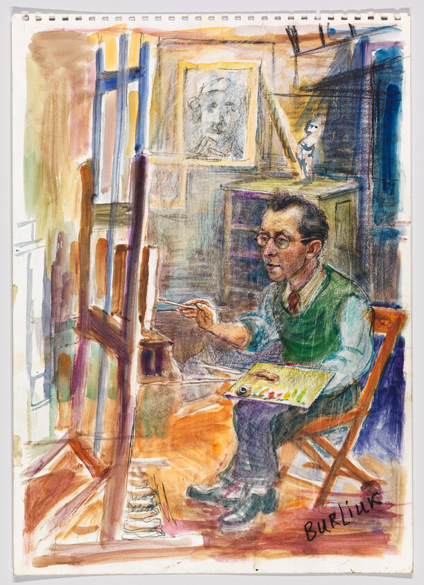Man seated at an easel painting on a canvas while holding a palette and brush.