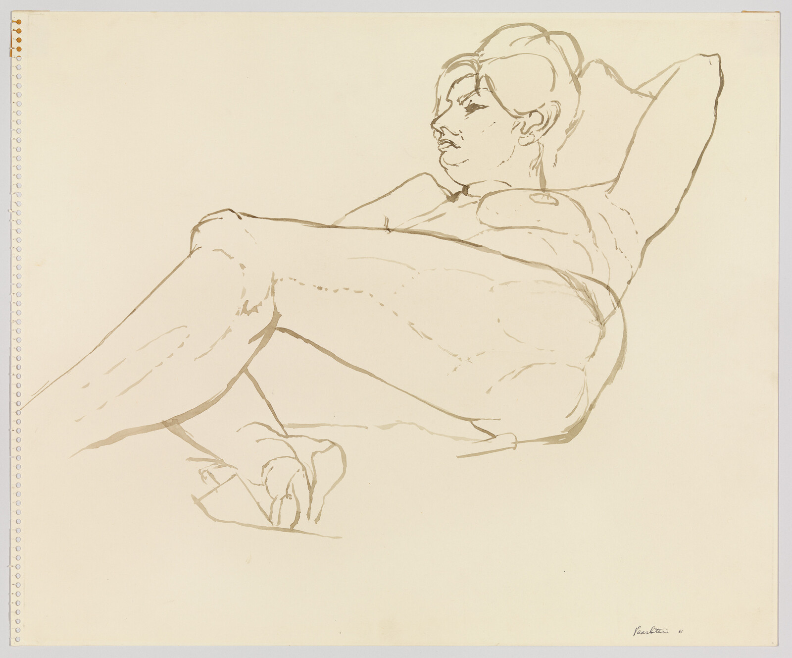 A loose ink drawing of a reclining nude woman with one arm resting behind her head.