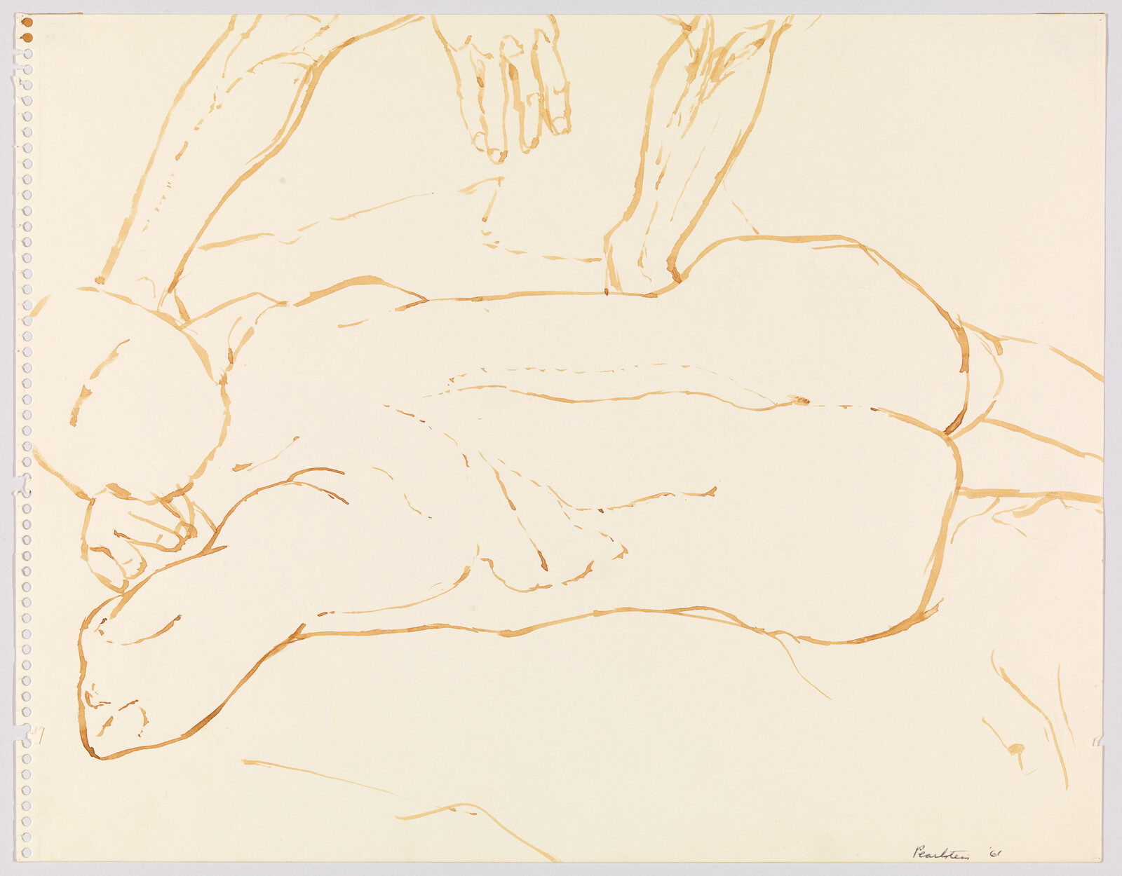 Nude person lying face down while another person presses hands on their back.