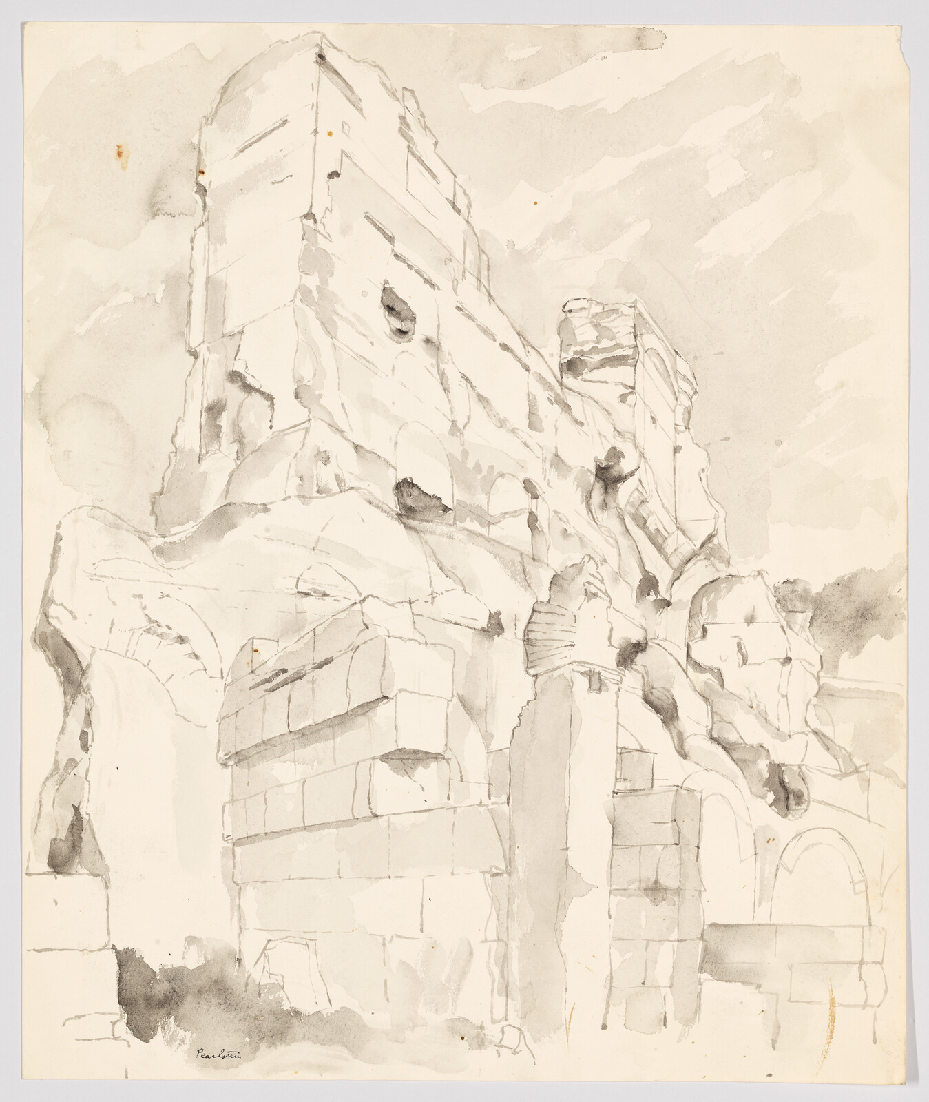 Tall crumbling stone cliffs and blocky ruins with arches drawn in light ink and wash.