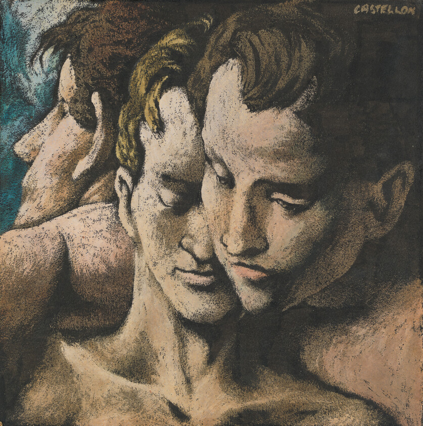 Three intertwined male figures with gentle, intimate expressions and close physical contact.