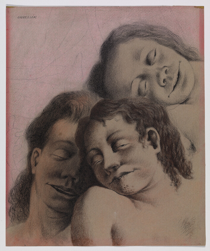 Three people rest with their eyes closed, their heads leaning together in calm sleep.
