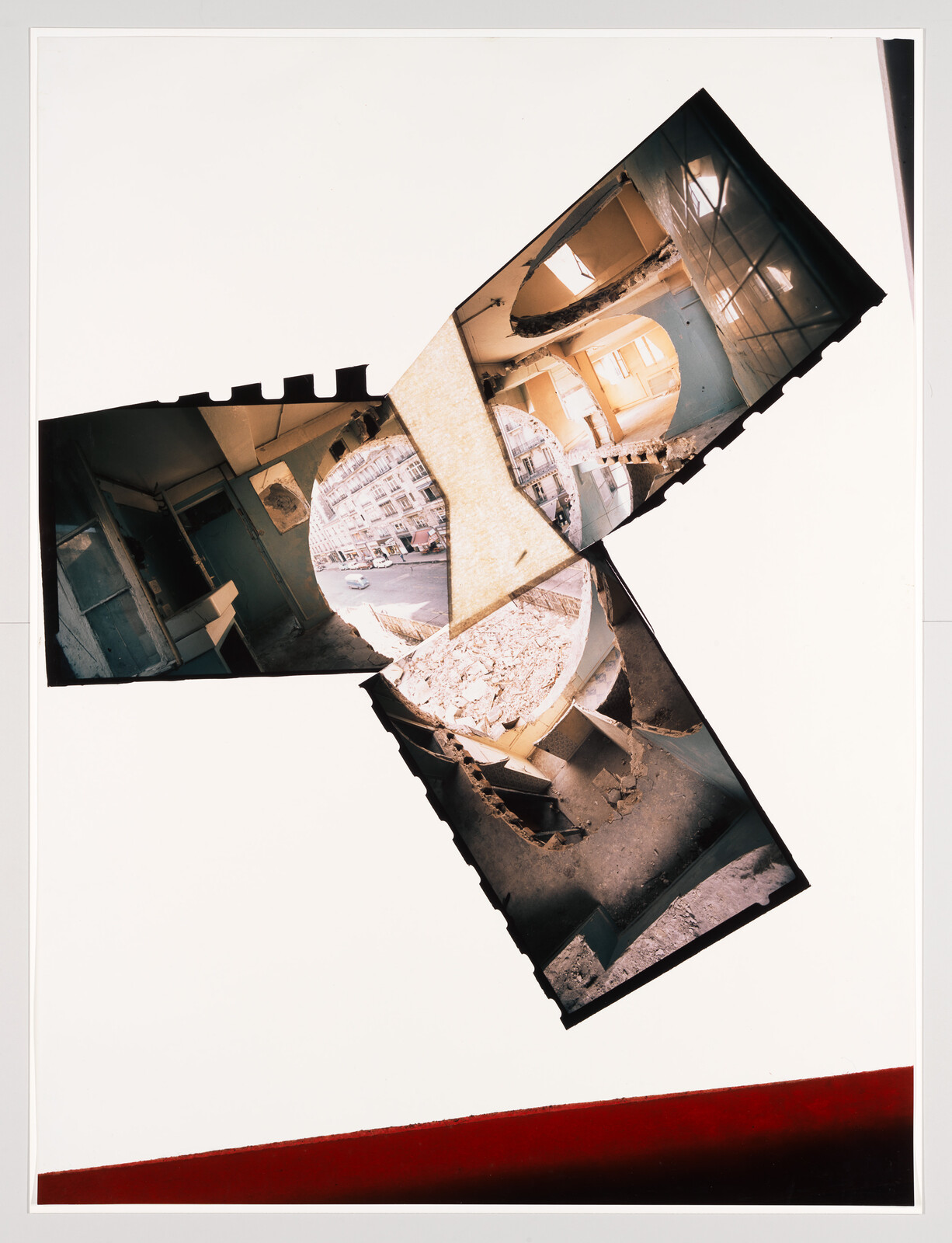 Collage of torn film strips showing a ruined building interior with a circular hole and rubble.