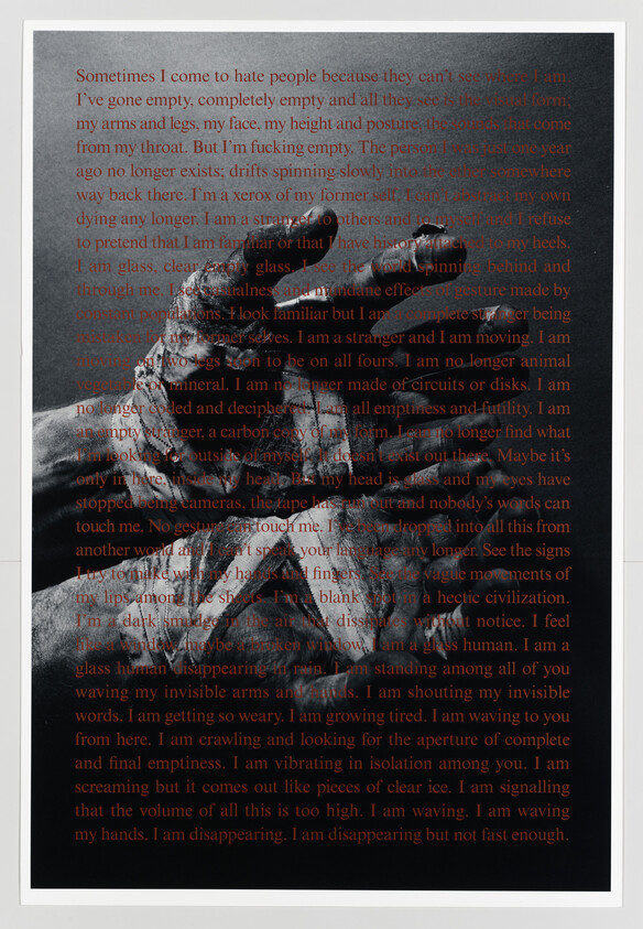 Two weathered hands reaching upward overlaid with dense red text about emptiness.