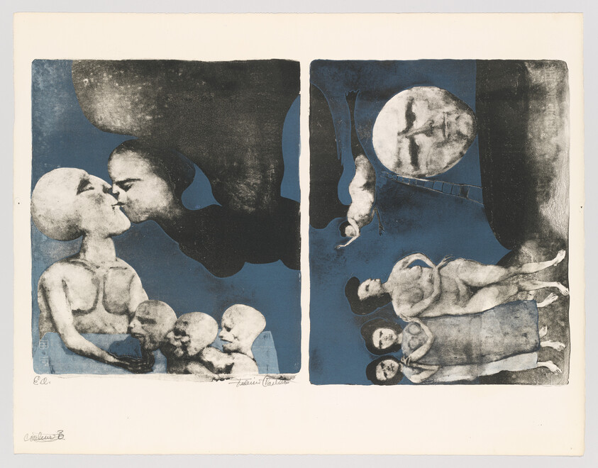 Two-panel surreal scene with figures kissing, children clustered, and people standing beneath a full moon.